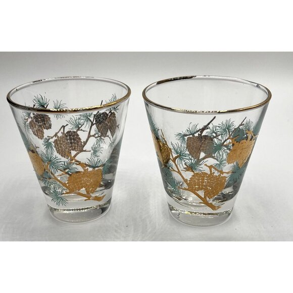 David Douglas "Pinecone" Old Fashioned Glasses Set of 2 Gold Aqua Vintage Libbey - Picture 2 of 14
